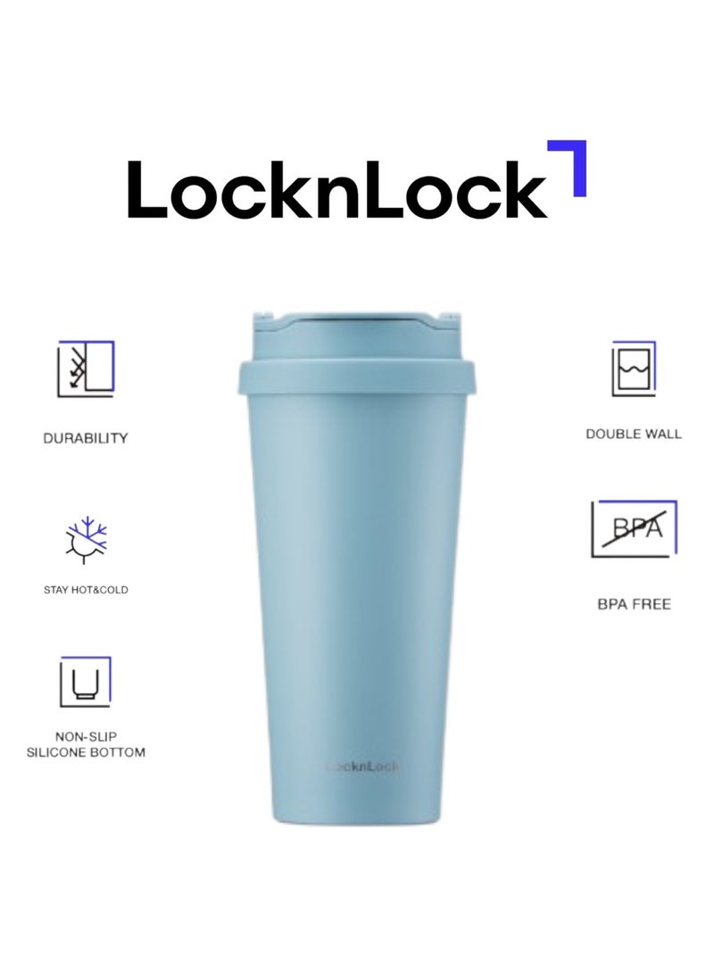 LOCK & LOCK LocknLock-Clip Tumbler with 2 Caps, 540ml Sky Blue - Dual Vacuum Insulation, Clip-Type Design, Mirror Finish, Silent Stopper, Wide Open Top for Hot and Cold Beverages  - Image 1