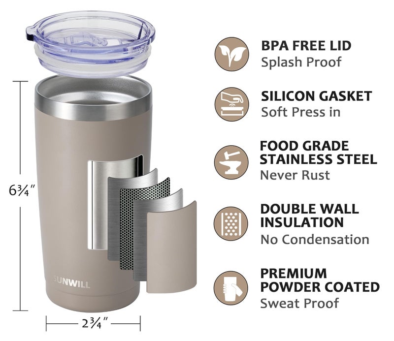 SUNWILL Travel Coffee Tumbler 20 oz, Insulated Mug with Lid, Stainless Steel Cup for Outdoor, Powder Coated Taupe - Image 2