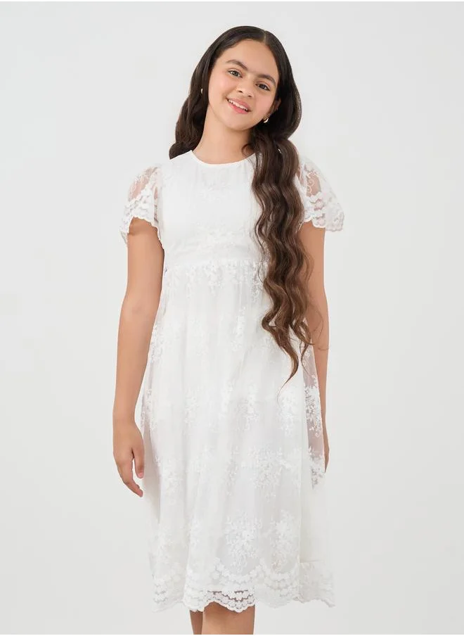 ستايلي Styli Lace Insert Round Neck A-Line Midi Dress