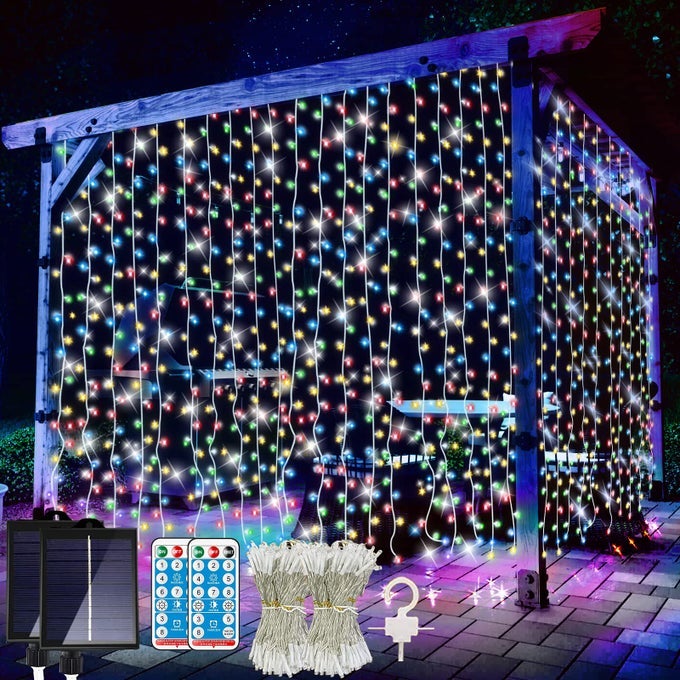 2 PACK SOLAR CURTAIN LIGHTS REMOTE CONTROL OUTDOOR GARDEN LIGHTS 300 LED 8 MODES WATERPROOF SOLAR WATERFALL FAIRY STRING LIGHTS DECORATION FOR PATIO GARDEN PARTY WEDDING MULTICOLOR 2 PACK