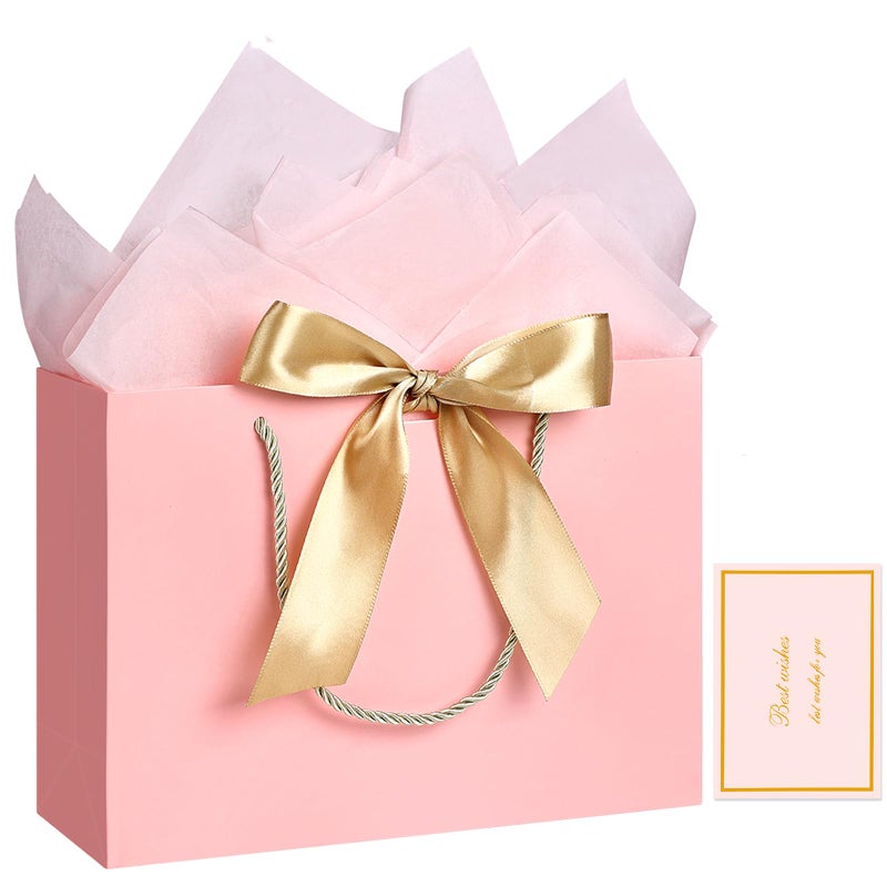 JMANNI Gift Bag, 1PCS Gift Bags with Ribbon and 1 Greeting Cards 2 Tissue Paper, Portable Paper Gift Bag with Handles, Birthday Gift Bags, Valentine's Day, Present Bags for Christmas Wedding Party Mothers Day - Image 1