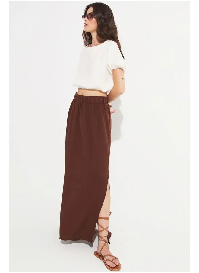 جون June Women 100% Cotton Elastic Waist Slit Detailed Skirt Brown