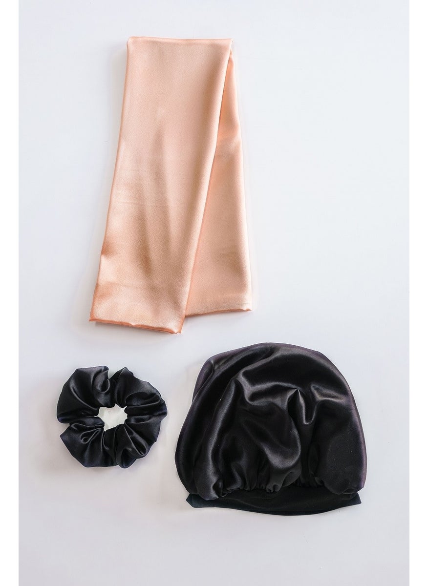 Pistore Black Satin Bonnet, Orange Pillow and Buckle Set for Curly Hair 