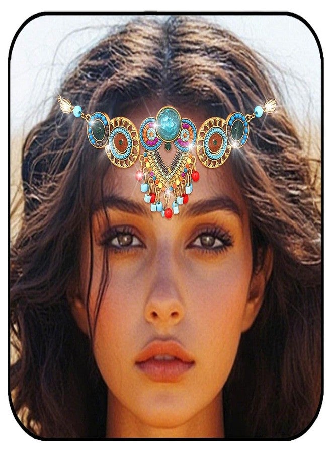 ووي طوق رأس بوهيمي ذهبي من Woeoe مزين بخرز من الكريستال الفيروزي، سلسلة رأس بنمط عتيق - Image 1