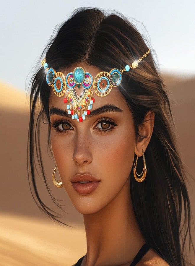 ووي طوق رأس بوهيمي ذهبي من Woeoe مزين بخرز من الكريستال الفيروزي، سلسلة رأس بنمط عتيق - Image 2