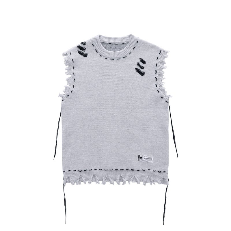 American Vibe High Street Destroyed Frayed Vest Sweater Men'S And Women'S Street Fashion Loose All-Match Sleeveless Sweater - Image 3
