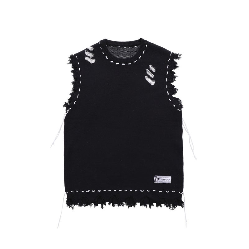American Vibe High Street Destroyed Frayed Vest Sweater Men'S And Women'S Street Fashion Loose All-Match Sleeveless Sweater - Image 2