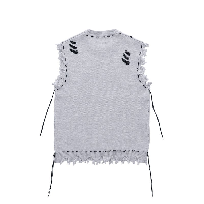 American Vibe High Street Destroyed Frayed Vest Sweater Men'S And Women'S Street Fashion Loose All-Match Sleeveless Sweater - Image 5