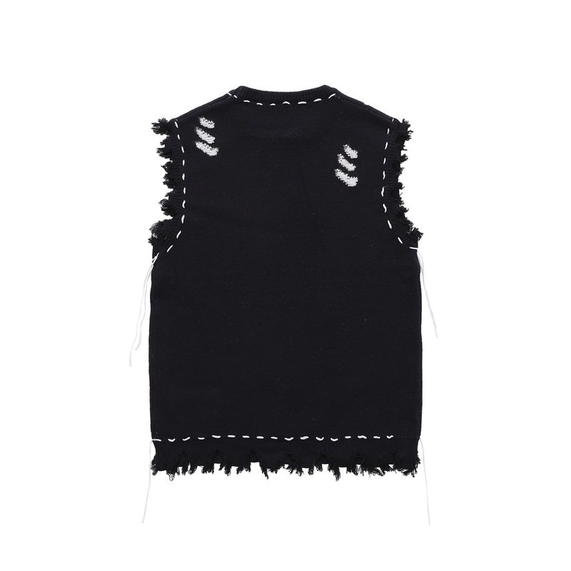 American Vibe High Street Destroyed Frayed Vest Sweater Men'S And Women'S Street Fashion Loose All-Match Sleeveless Sweater - Image 4