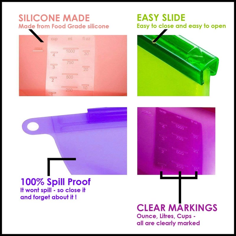 Gabbar LeakProof Multicolor Food Grade Silicone Made Food Storage Bag Reusable Ziplock Pack of 6 - Image 5