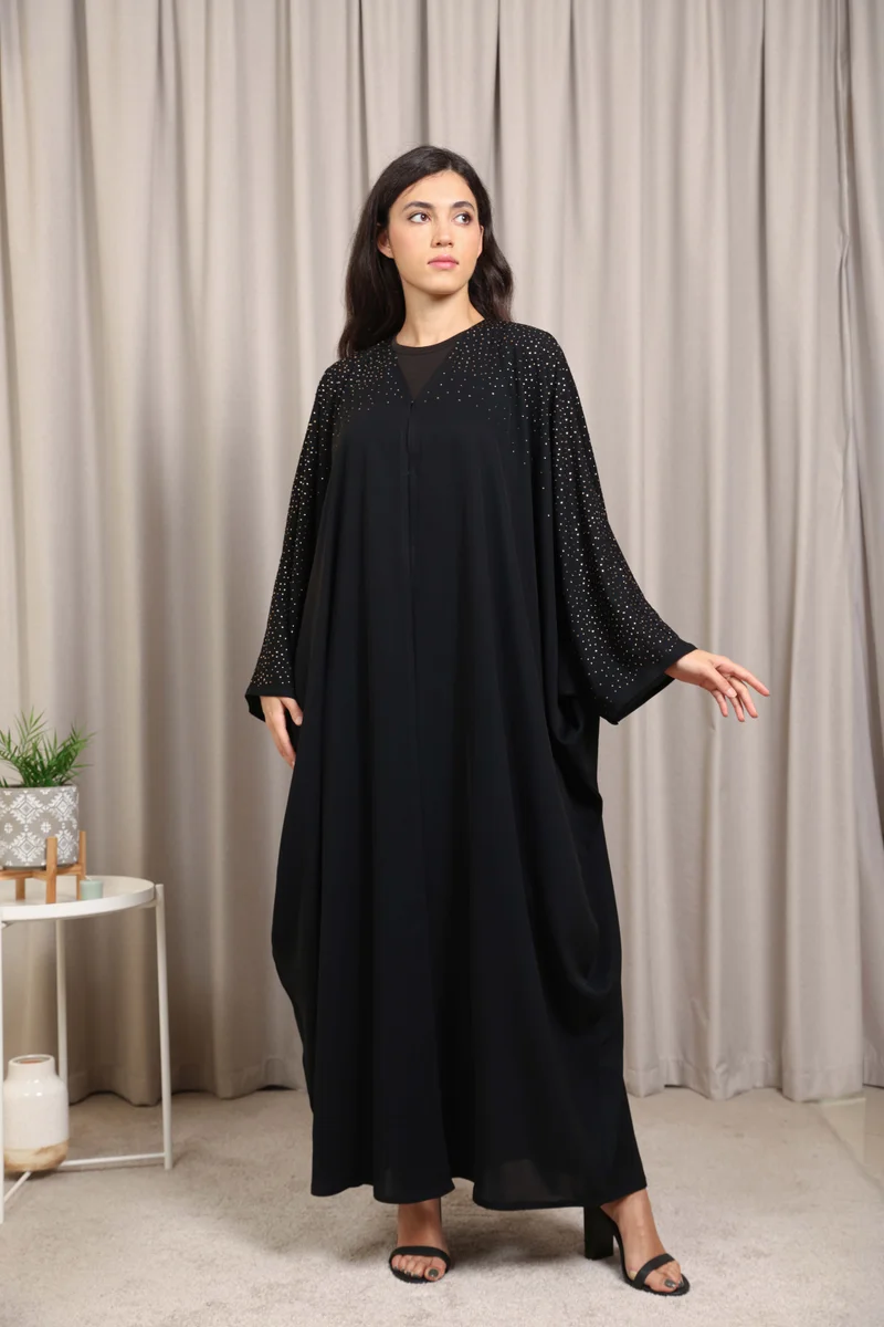 Nikias Graceful Nida Bahraini Cut Abaya with Sparkling Crystal Work by Nikias