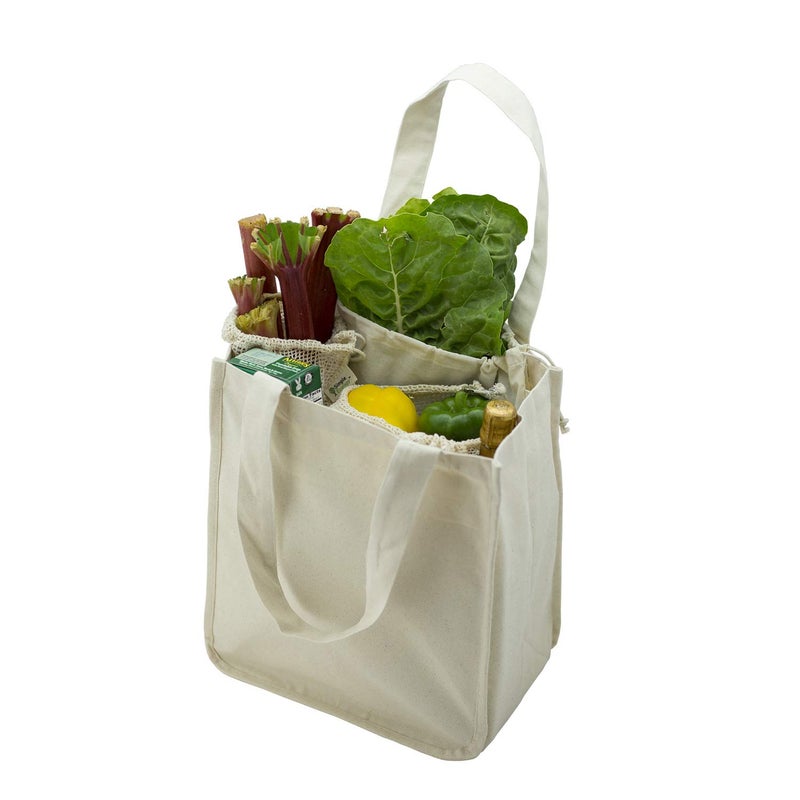 Simple Ecology Organic Cotton Deluxe Reusable Grocery Shopping Bag with Bottle Sleeves and Rigid Bottom Support UPDATED DESIGN  Natural