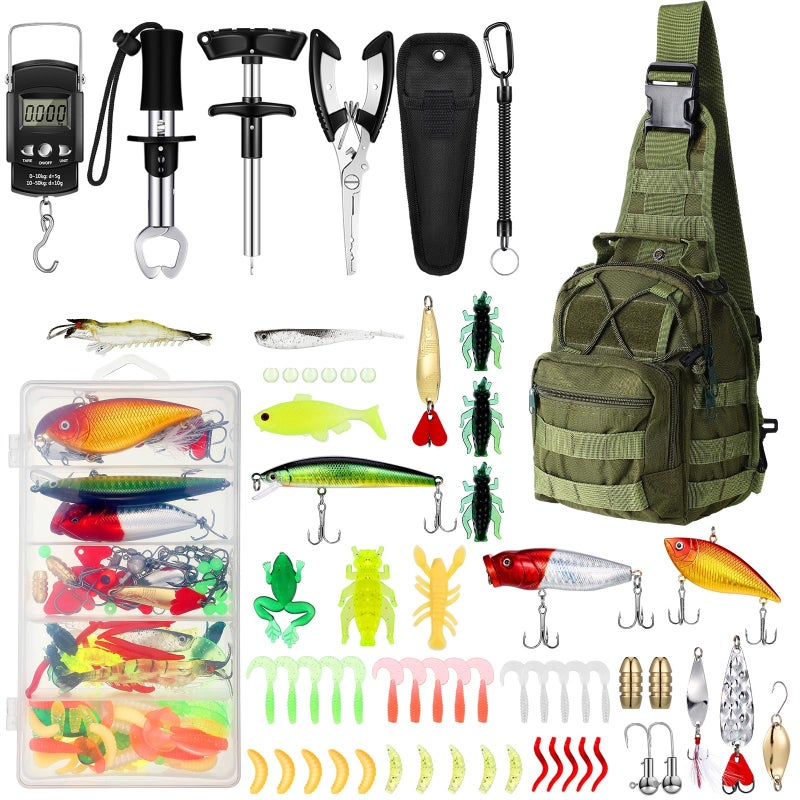Sosation 134 Pcs Fishing Tool Fishing Tool and Equipment Gift for Adults, Hook Remover, Pliers Kit, Backpack Tackle Container with Tackle Included, Lures, Lip Gripper, Weigh Scale(Army Green) - Image 1