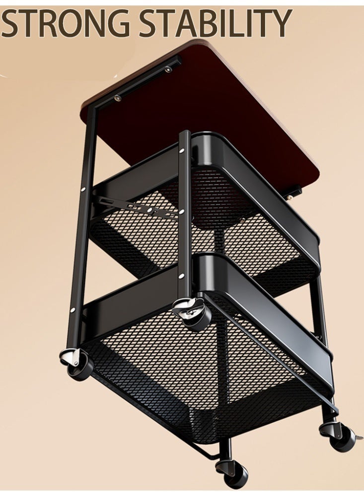 WOLFATION FOR YOU 3-Tier Foldable Rolling Utility Cart with Wooden Top Panel – Carbon Steel Storage Trolley wih 4 Swivel Wheels, Multi-Purpose Organizer for Kitchen, Office, Living Room, Bathroom - Image 5
