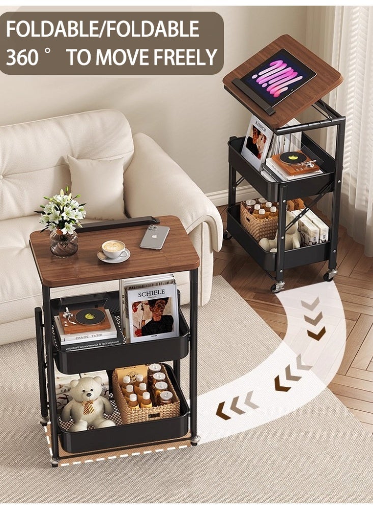 WOLFATION FOR YOU 3-Tier Foldable Rolling Utility Cart with Wooden Top Panel – Carbon Steel Storage Trolley wih 4 Swivel Wheels, Multi-Purpose Organizer for Kitchen, Office, Living Room, Bathroom - Image 3