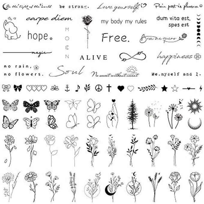 TATUWST Realistic Temporary Tattoos for Women 60 Sheets Tiny Small Removable Adult Fake Tattoos,185 Pcs Minimalist Waterproof Inspirational Quotes Words Wild Flower Floral Bouquet Adults Tattoo Stickers - Image 1