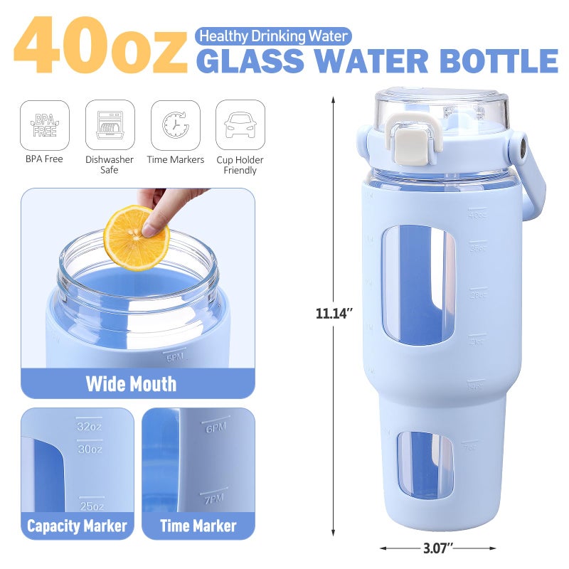 BLUEGO 40oz Glass Water Bottles with Straw Time Marker Half Gallon Large Motivational Water Bottle with Silicone Sleeve 2 Liter Large Glass Water Jug for Gym  Sports& Workout  Daily  Light Blue - Image 1