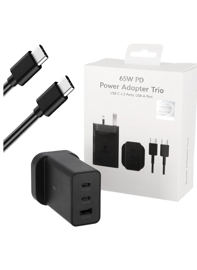 Replacement for Samsung Charger ,65W Galaxy Trio Super Fast 2.0 Universal Travel Adapter ,Charge 3 Devices at Once ,Includes 1m USB-C Cable, Fast Charger for Galaxy S24 Ultra/S23/S22/S21 and More (65w)