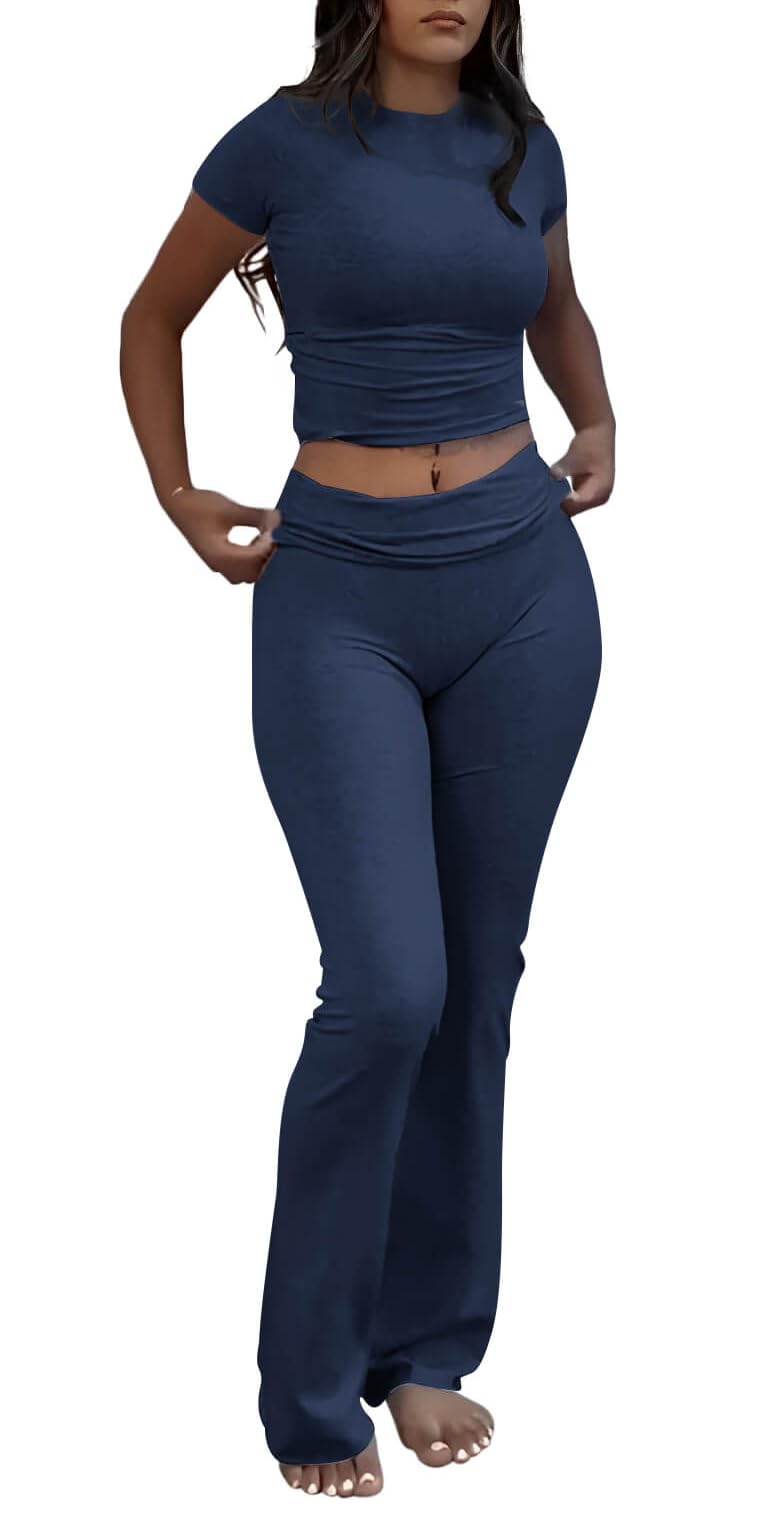 ZFLM Casual Workout Two Piece Outfits for Women Short Sleeve Crop High Waist Foldover Flare Pants Tracksuit Sets Streetwear - Image 1