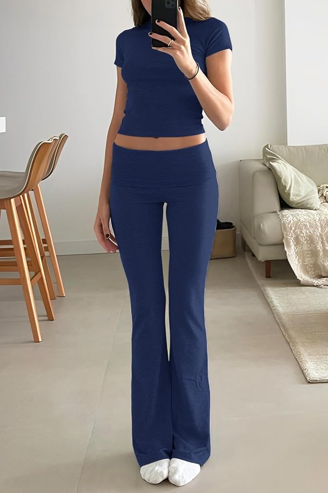 ZFLM Casual Workout Two Piece Outfits for Women Short Sleeve Crop High Waist Foldover Flare Pants Tracksuit Sets Streetwear - Image 2