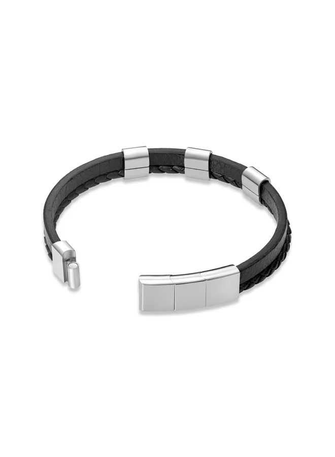 بوليس Unity BraceletDual-Textured Black Leather with Stainless Steel Square Motifs and P SymbolBold Men's Style