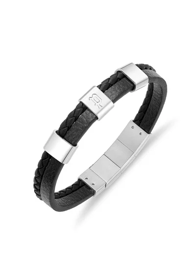 POLICE Unity BraceletDual-Textured Black Leather with Stainless Steel Square Motifs and P SymbolBold Men's Style