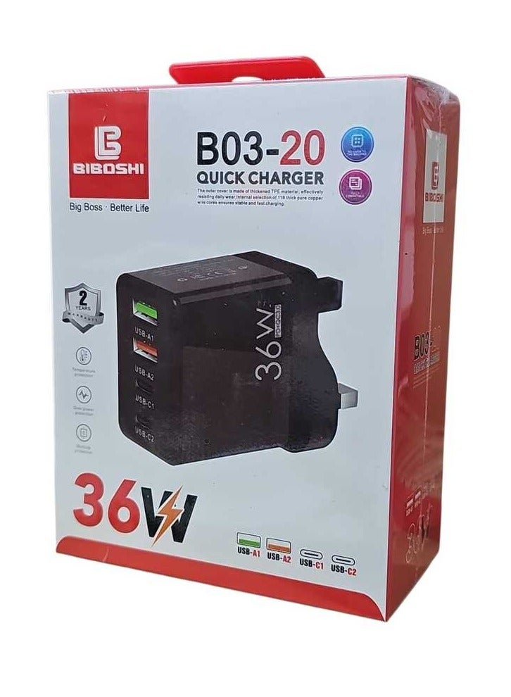 Biboshi 36W Dual USB and 2 Type C Fast Wall Charger Black