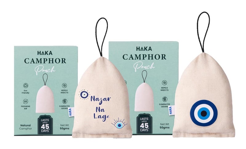 Haka Camphor Pouch –100% Pure Camphor | Multipurpose Natural Chemical Free Air Freshener for Car, Wardrobe, Bathroom & Room | Eco-Friendly Aroma Bag (Pack of 2) (Evil & Nazar, Natural) - Image 1