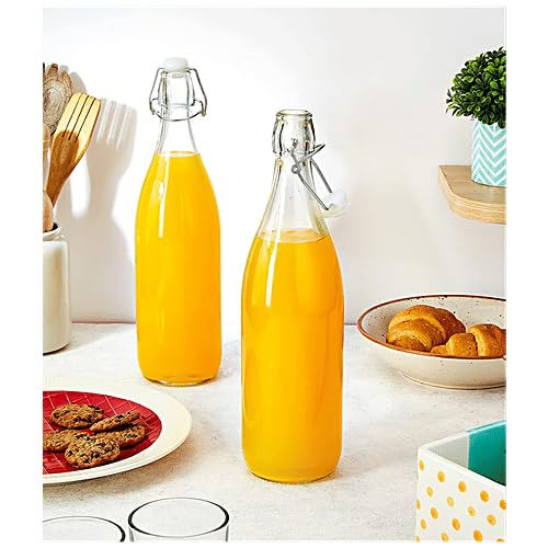 SkyKey Large Plain Glass Transparent Water Juice Bottle 2 Pcs 1 Ltr - Image 1