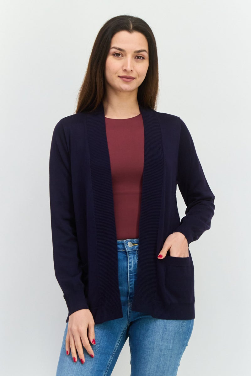 89th + Madison Women Split Neck Solid Cardigan, Navy - Image 1
