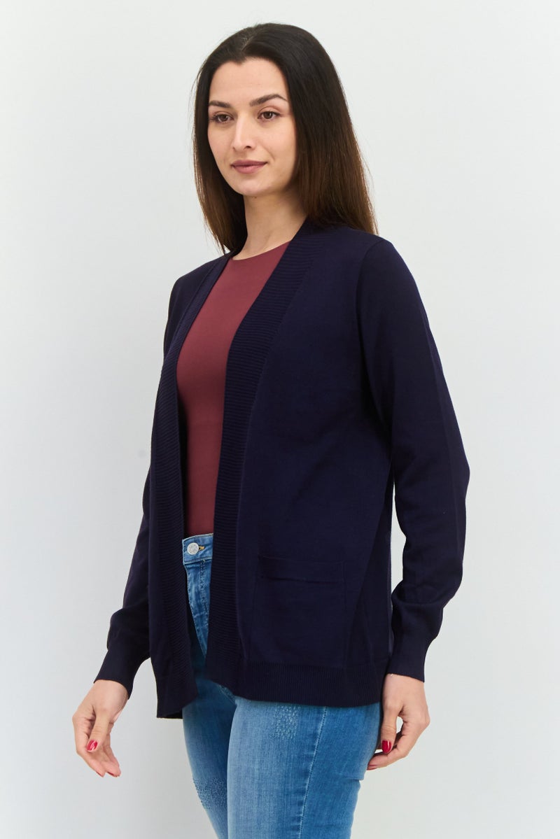 89th + Madison Women Split Neck Solid Cardigan, Navy - Image 2