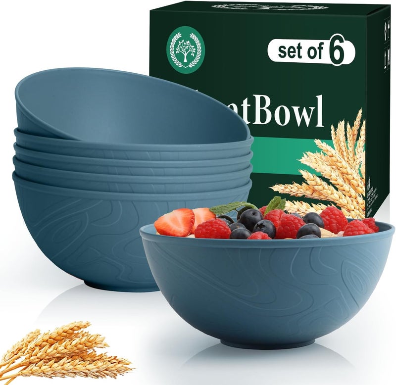 Homienly Bowls for Kitchen Premium Wheat Straw Bowl 6 PCS Unbreakable LIghtweight Salad Bowl with Texture Alternative to Plastic Bowls Reusable Microwave and Dishwasher Safe Freezer Safe Blue - Image 1