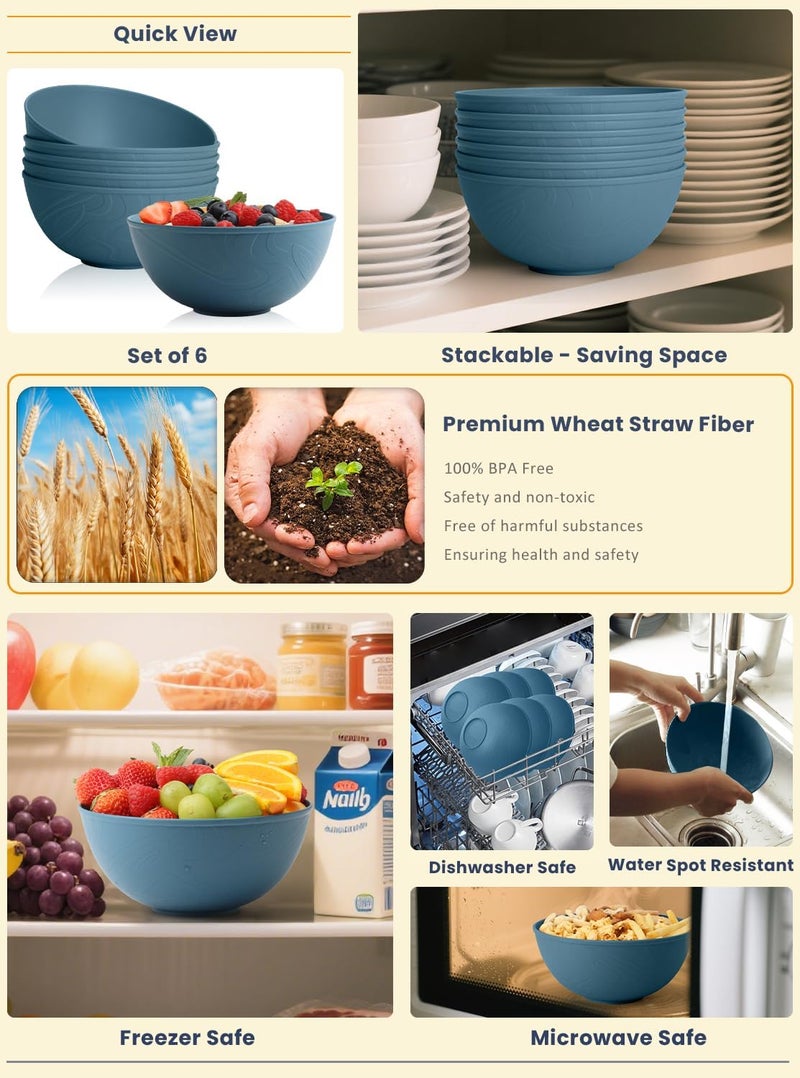 Homienly Bowls for Kitchen Premium Wheat Straw Bowl 6 PCS Unbreakable LIghtweight Salad Bowl with Texture Alternative to Plastic Bowls Reusable Microwave and Dishwasher Safe Freezer Safe Blue - Image 4