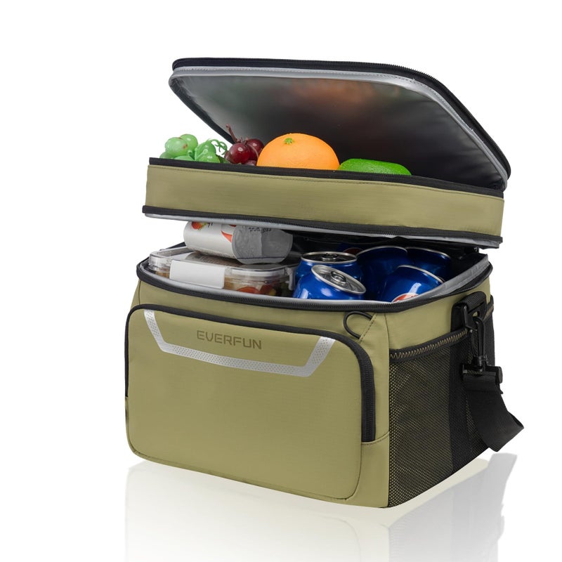 EVERFUN Small Lunch Box Insulated Cooler Bag Mini Cooler 24 Can Soft Sided Lunch Bag for Men Women Ice Chest Double Deck Portable Personal Collapsible Waterproof LeakProof for Travel Car Green Moss