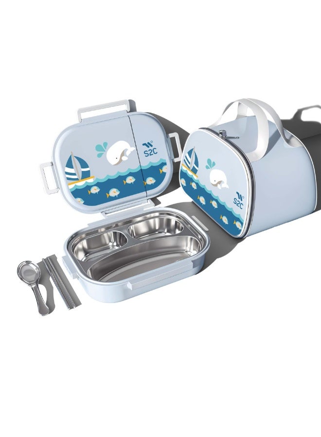 S2C LittleZen Kids Bento Lunch Box – Leak-Proof Compartmented Stainless Steel Lunch Box with Spoon | Microwavable BPA-Free Tray & Anti-Slip Base - Image 1