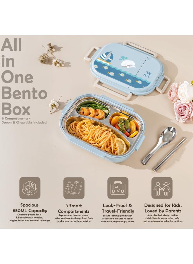 S2C LittleZen Kids Bento Lunch Box – Leak-Proof Compartmented Stainless Steel Lunch Box with Spoon | Microwavable BPA-Free Tray & Anti-Slip Base - Image 2