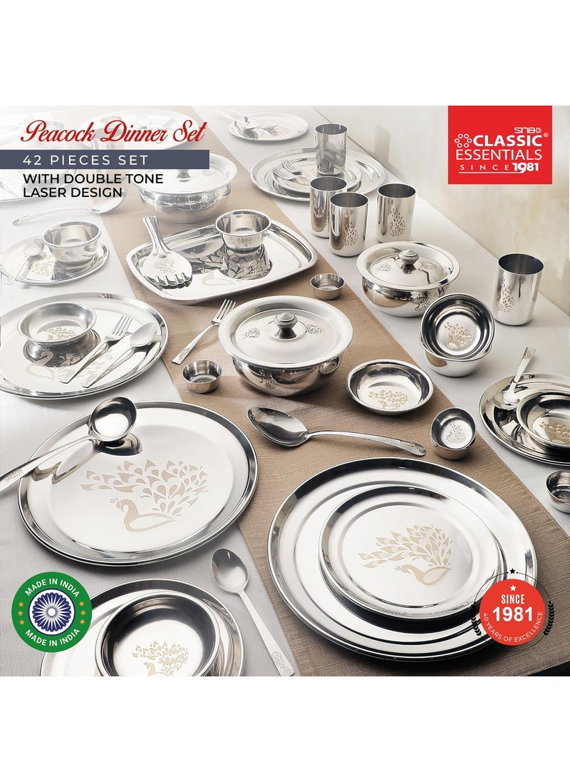 Classic Essentials Classic Essentials Stainless Steel Dinner Set|Serves 4 People|Heavy Gauge|Kitchen Set|Permanent Laser-Peacock, Set of 42  - Image 2
