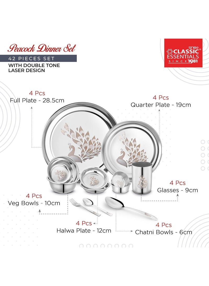 Classic Essentials Classic Essentials Stainless Steel Dinner Set|Serves 4 People|Heavy Gauge|Kitchen Set|Permanent Laser-Peacock, Set of 42  - Image 4