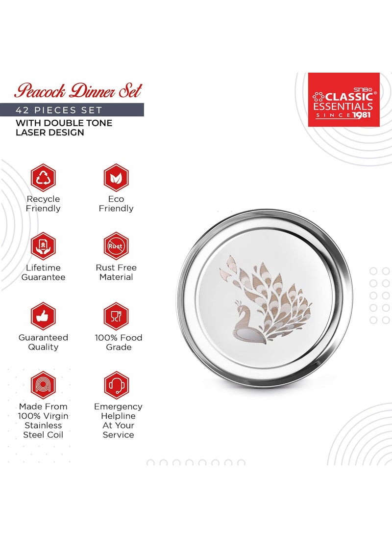 Classic Essentials Classic Essentials Stainless Steel Dinner Set|Serves 4 People|Heavy Gauge|Kitchen Set|Permanent Laser-Peacock, Set of 42  - Image 3