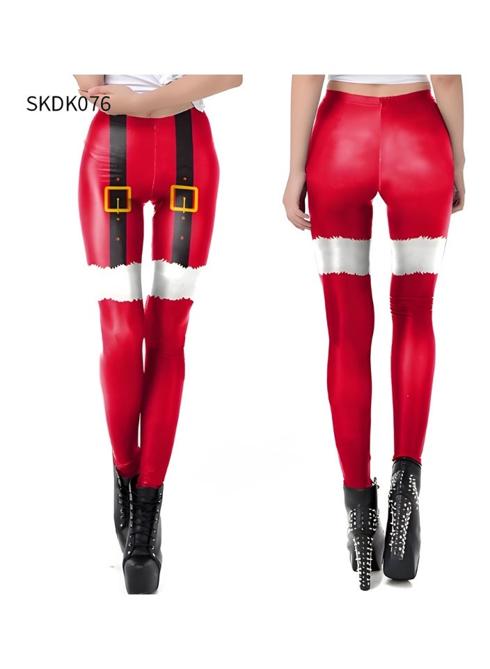 إسكدنيا النساء مطبوعة عيد الميلاد ملابس عالية الخصر عيد الميلاد ضيق العطلة بنطلون رقيقة - Image 2