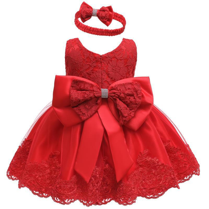 New European and American girls dinner performance bow lace dress large childrens evening dress wholesale red