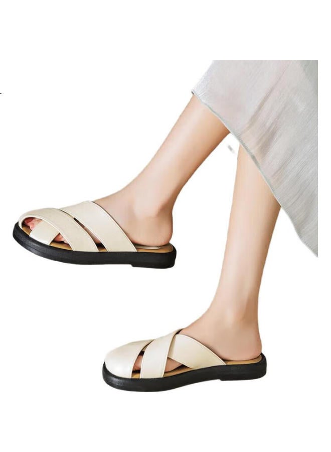 ZHR Women'S Summer Cross-Band Wide Strap Slides Fashion Outdoor Women'S Sandals Ab12 Beige Size 40 - Image 3