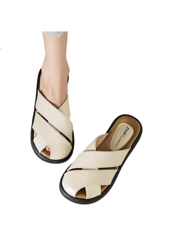 ZHR Women'S Summer Cross-Band Wide Strap Slides Fashion Outdoor Women'S Sandals Ab12 Beige Size 40 - Image 1