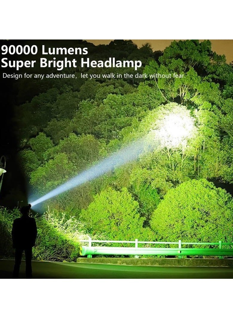 ارواق مصباح أمامي فائق السطوع بقوة 90000 لومن مع 4 أوضاع قابلة للتعديل بزاوية 90 درجة ومقاوم للماء IPX5 ومصباح أمامي قابل لإعادة الشحن عبر USB للتخييم والجري والصيد وركوب الدراجات والتسلق والمشي لمسافات طويلة - Image 3