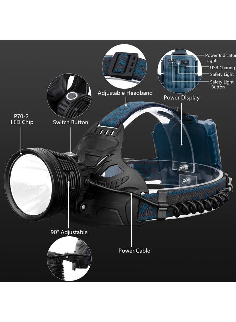 ارواق مصباح أمامي فائق السطوع بقوة 90000 لومن مع 4 أوضاع قابلة للتعديل بزاوية 90 درجة ومقاوم للماء IPX5 ومصباح أمامي قابل لإعادة الشحن عبر USB للتخييم والجري والصيد وركوب الدراجات والتسلق والمشي لمسافات طويلة - Image 2