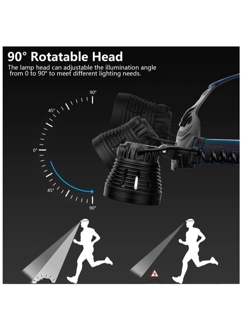 ارواق مصباح أمامي فائق السطوع بقوة 90000 لومن مع 4 أوضاع قابلة للتعديل بزاوية 90 درجة ومقاوم للماء IPX5 ومصباح أمامي قابل لإعادة الشحن عبر USB للتخييم والجري والصيد وركوب الدراجات والتسلق والمشي لمسافات طويلة - Image 4
