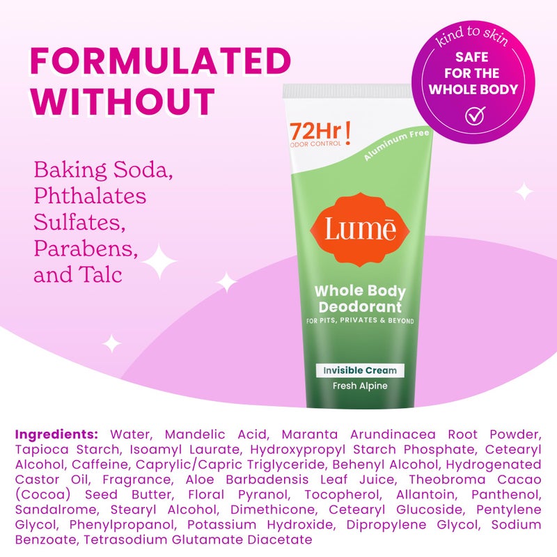 Lume Whole Body Deodorant - Invisible Cream Tube - 72 Hour Odor Control - Doctor Developed - Aluminum Free, Baking Soda Free and Skin Loving - 3.0 Ounce (Fresh Alpine) - Image 5