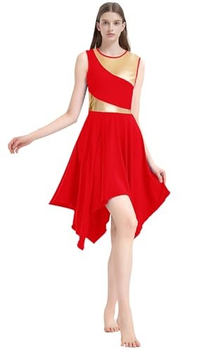 ORIDOOR Womens Praise Dance Dress with Sleeveless Metal Blocks an Irregular Hem Lyrical Worship Dance Costume 06Red Large - Image 3