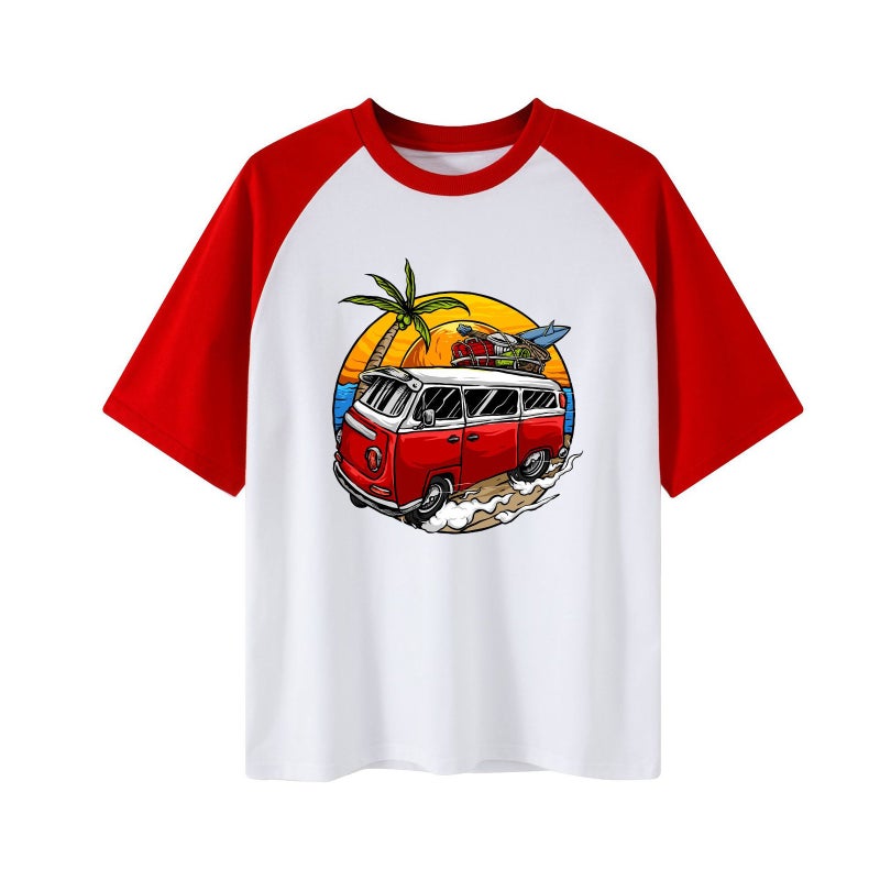 2023 Men'S And Women'S Raglan Short Sleeve Retro Bus Seven-Point Sleeve Raglan Round Neck Short Sleeve T-Shirt - Image 1