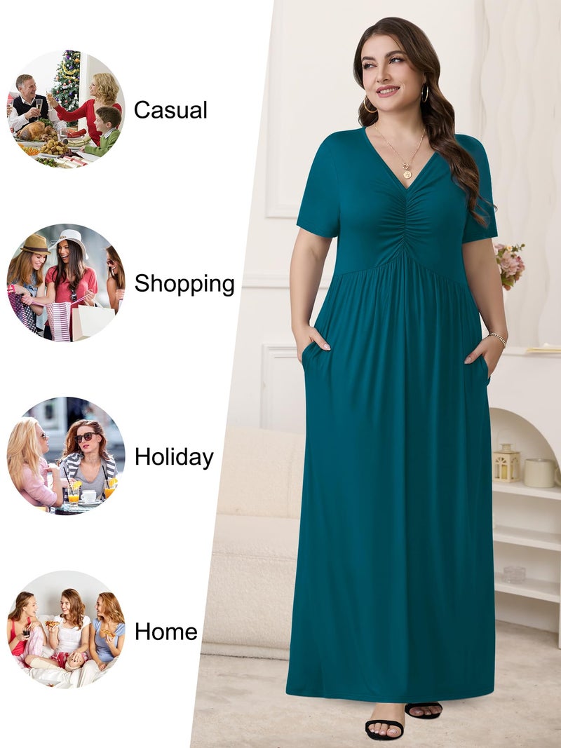 PEVRL Plus Size Maxi Dresses for Women Summer Casual Short Sleeve Long Dress with Pockets Aqua Green 3X - Image 4